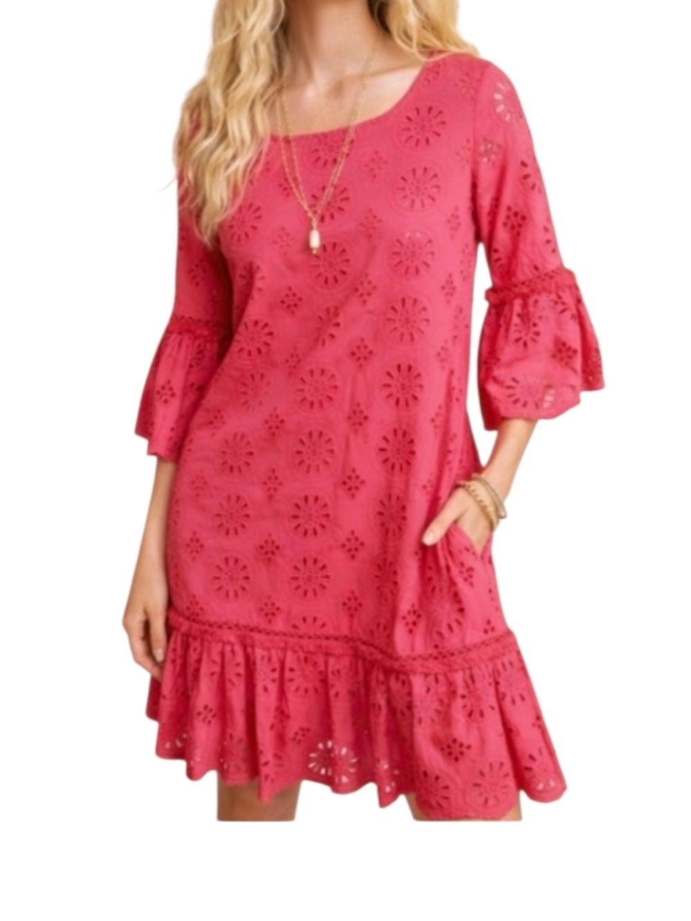 Anthropologie Dani Lace Eyelet Dress Dark Pink Bell Sleeve Ruffle Hem NWT Size 0